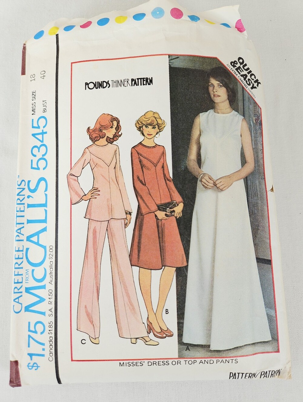 Vintage 1976 McCall's 5345 Pounds Thinner Dress Pants Pattern Size 18 Bust 40
